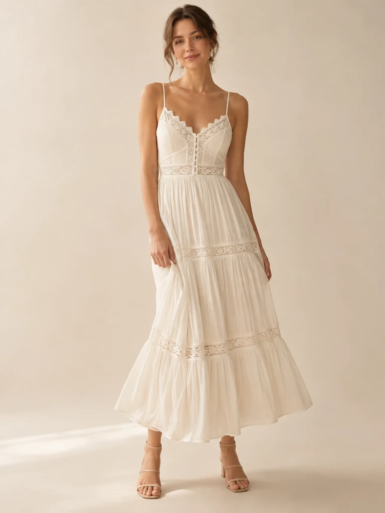 Juliette Lace-Trim Maxi Dress, Ivory