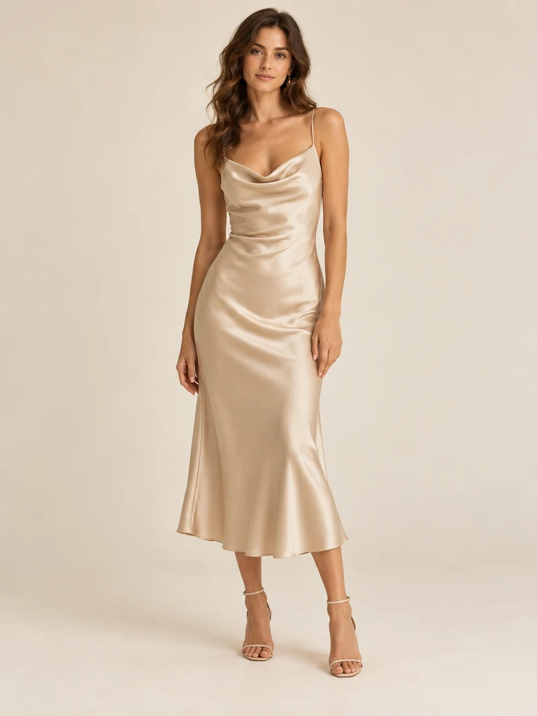 Margot Satin Midi Dress, Champagne