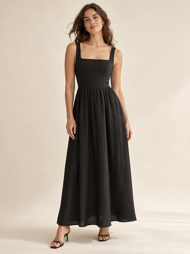 Odette Square-Neck Maxi Dress, Black