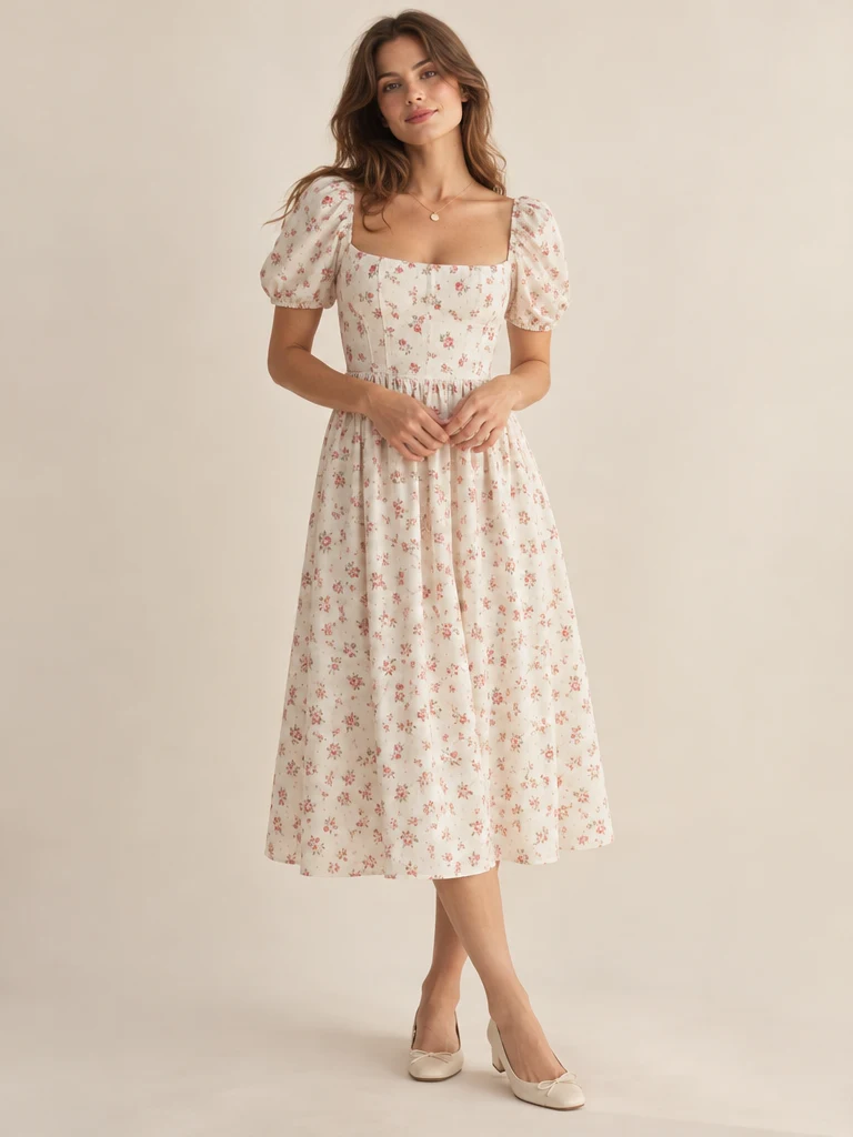 Rosalie Floral Midi Dress, Cream Rose Floral